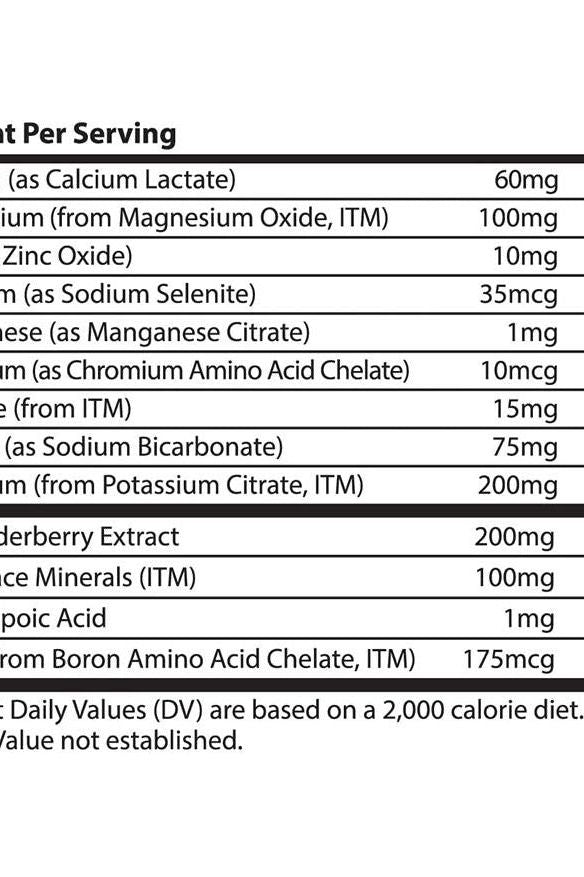 Nutrition facts for Trace Minerals Electrolyte Stamina Power Pak, listing key vitamins and minerals per serving.