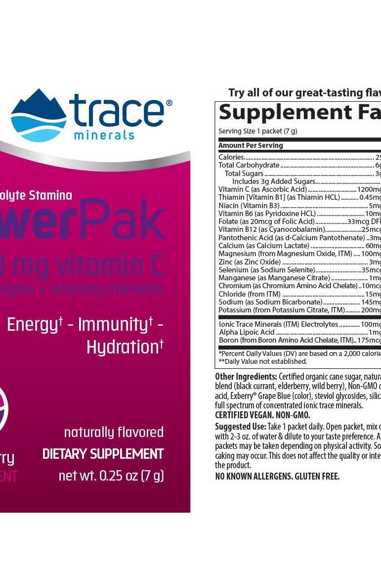 Trace Minerals Electrolyte Stamina Power Pak supplement label, highlighting vitamin C, electrolytes, and dietary benefits.