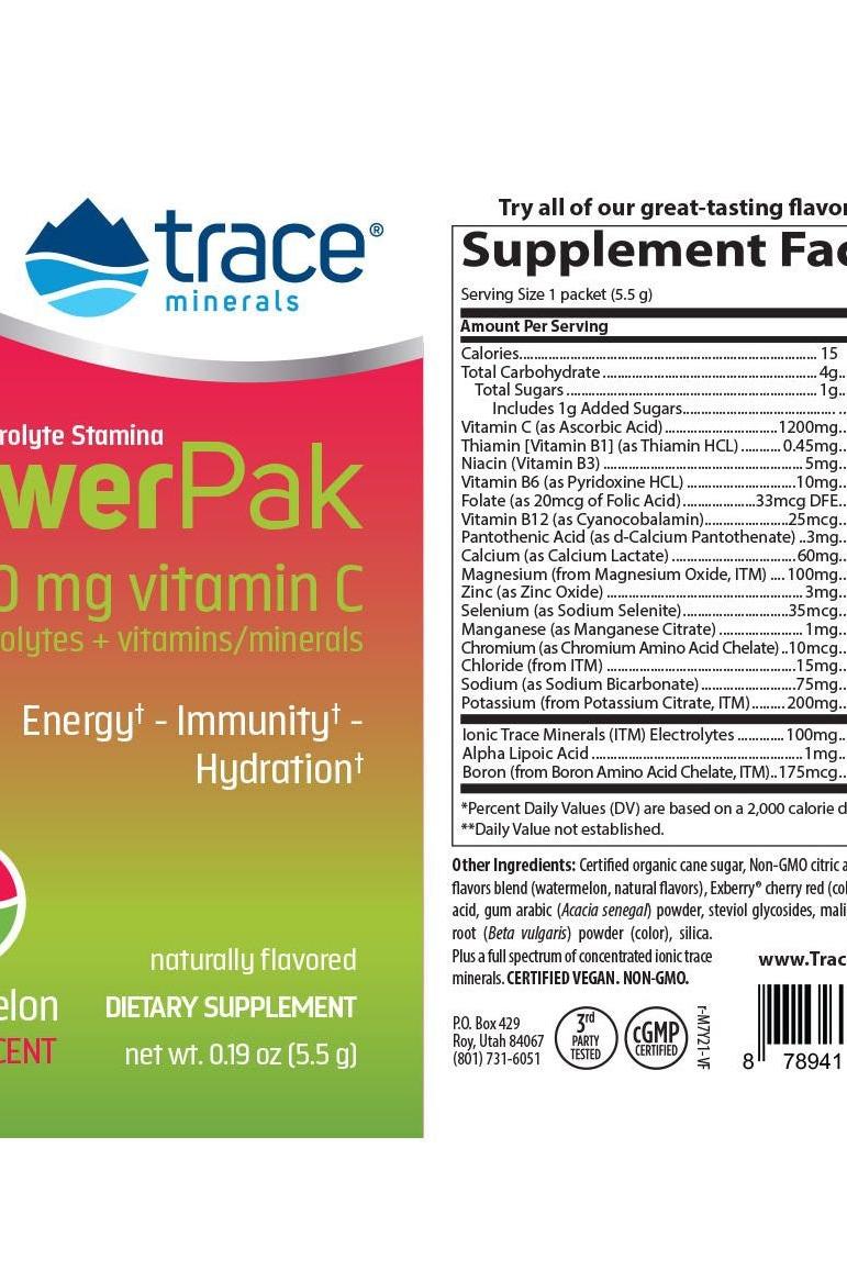 Trace Minerals Electrolyte Stamina Power Pak supplement facts label with vitamin C, electrolytes, and low sugar content.