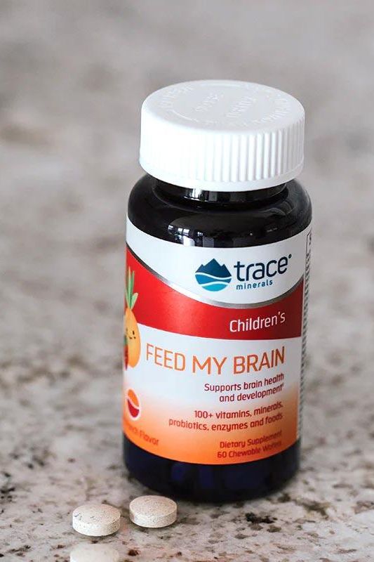 Trace Minerals Feed My Brain supplement bottle for kids, featuring fruit punch flavor and 60 chewable tablets.