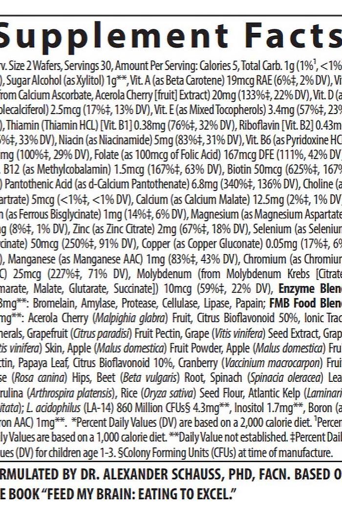 Supplement facts label for Trace Minerals Feed My Brain Fruit Punch chewables, detailing nutritional content.