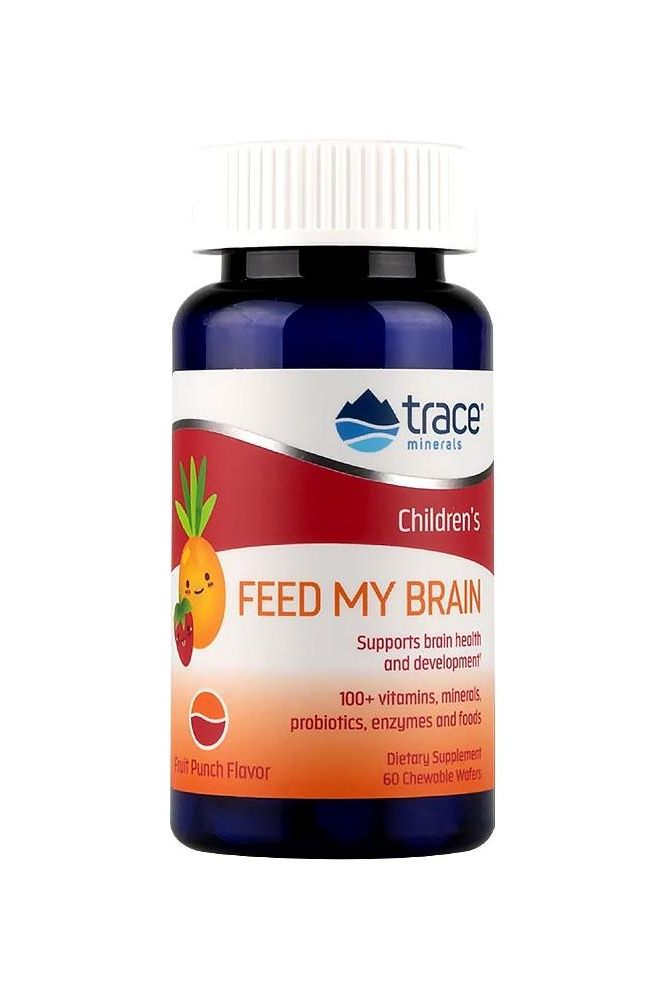 Trace Minerals Feed My Brain for kids, Fruit Punch chewables promoting brain health and academic performance.