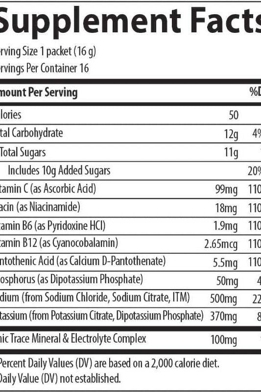 Supplement Facts for Trace Minerals Hydration I.V. Electrolyte Drink, showcasing calories, sugars, vitamins and minerals.