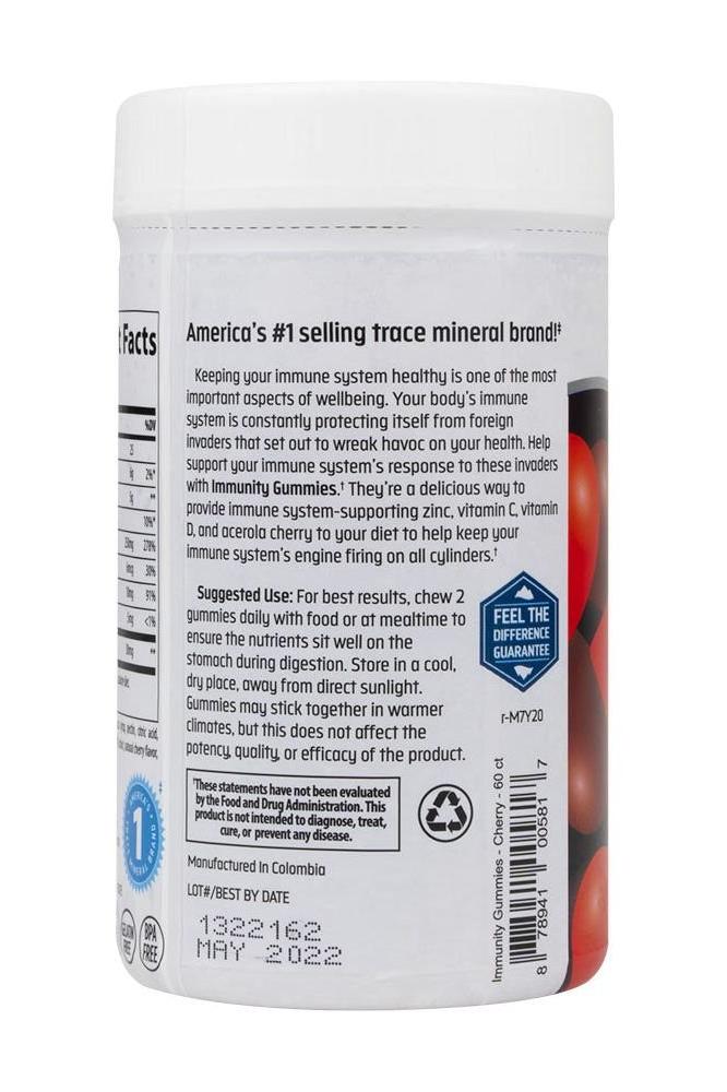 Back of Trace Minerals Immunity Gummies container with nutritional facts and usage instructions.