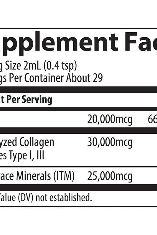Supplement facts for Trace Minerals Ionic Biotin + Collagen, showing serving sizes and nutrient content.