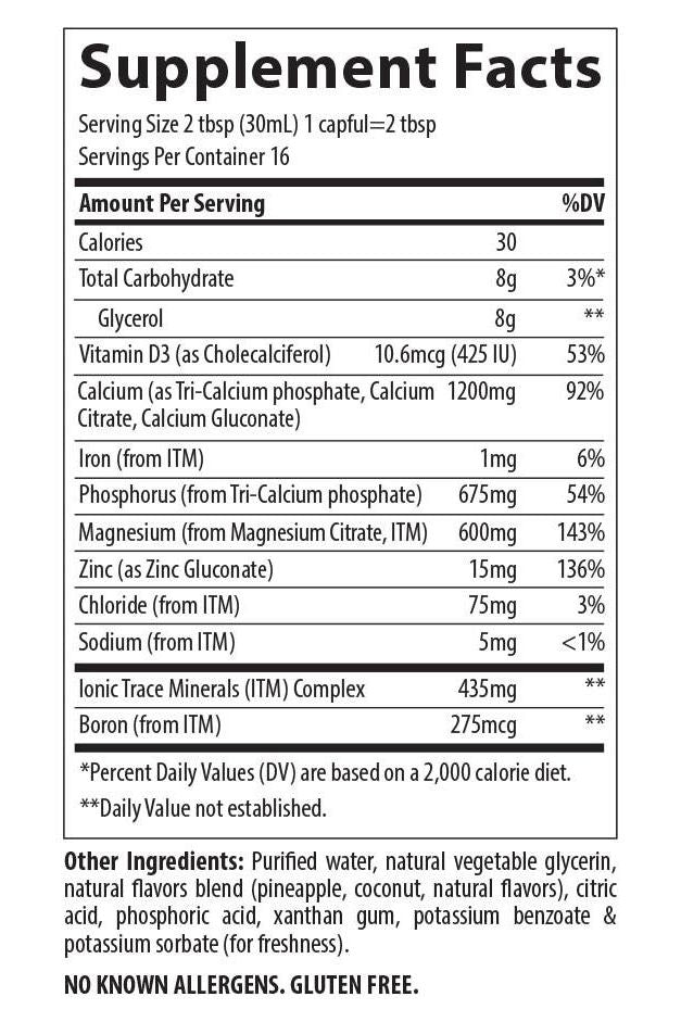 Supplement facts for Trace Minerals Liquid Cal/Mag/Zinc in Pina Colada flavor, detailing nutritional information and serving size.