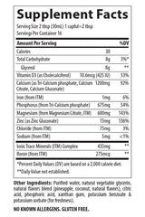 Supplement facts for Trace Minerals Liquid Cal/Mag/Zinc in Pina Colada flavor, detailing nutritional information and serving size.