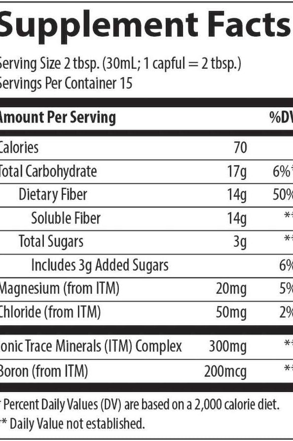 Supplement facts for Trace Minerals Liquid Fiber, showing calories, dietary fiber, and minerals per serving.