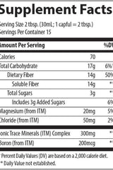 Supplement facts for Trace Minerals Liquid Fiber, showing calories, dietary fiber, and minerals per serving.