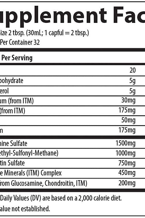 Supplement facts for Trace Minerals Liquid Glucosamine/Chondroitin/MSM, highlighting key nutrients and serving sizes.