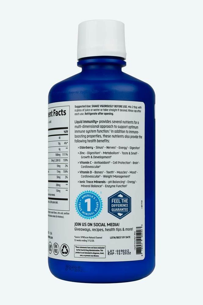 Trace Minerals Liquid Immunity 30 oz bottle back label highlighting health benefits and nutritional facts.
