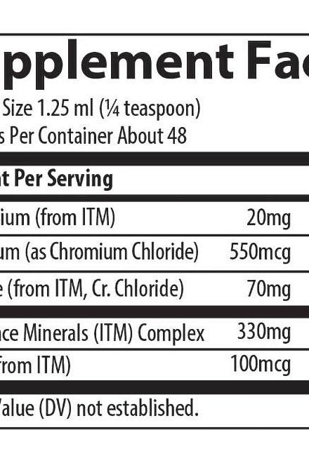 Supplement facts for Trace Minerals Liquid Ionic Chromium showing serving size and nutrient content.