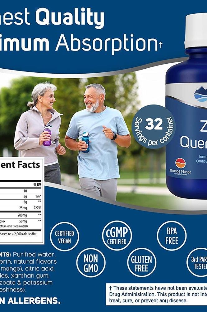 Trace Minerals Liquid Zinc + Quercetin bottle with active seniors outdoors, promoting immune support and heart health.