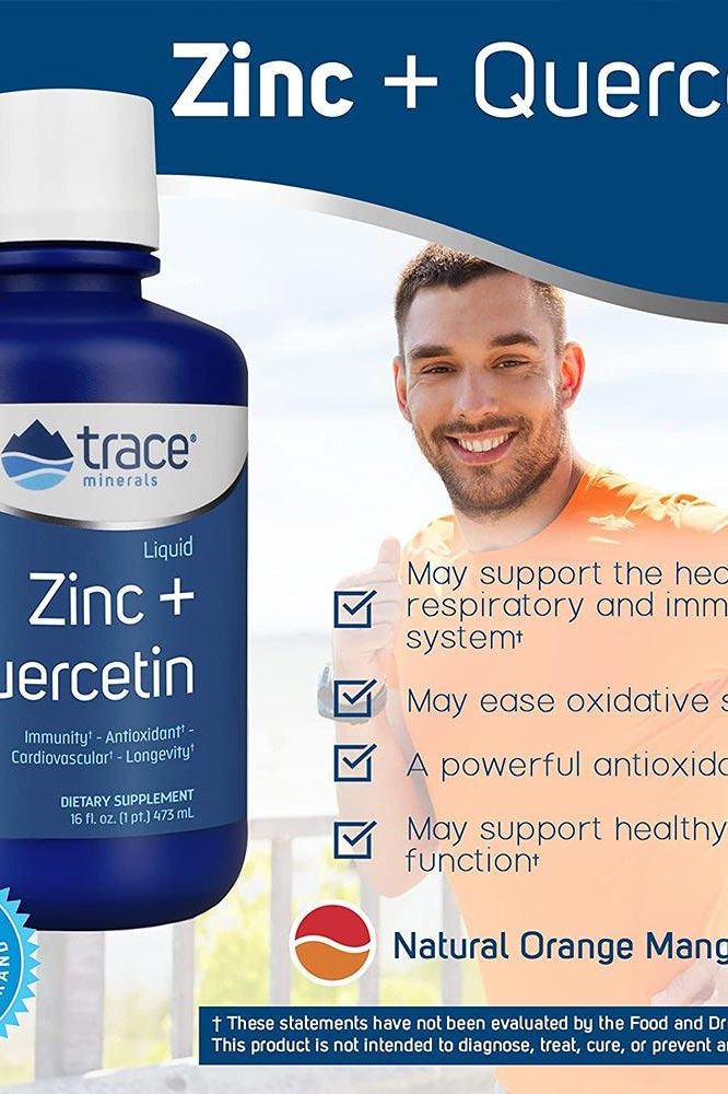 Trace Minerals Liquid Zinc + Quercetin 16 fl. oz. dietary supplement promoting heart and immune health.