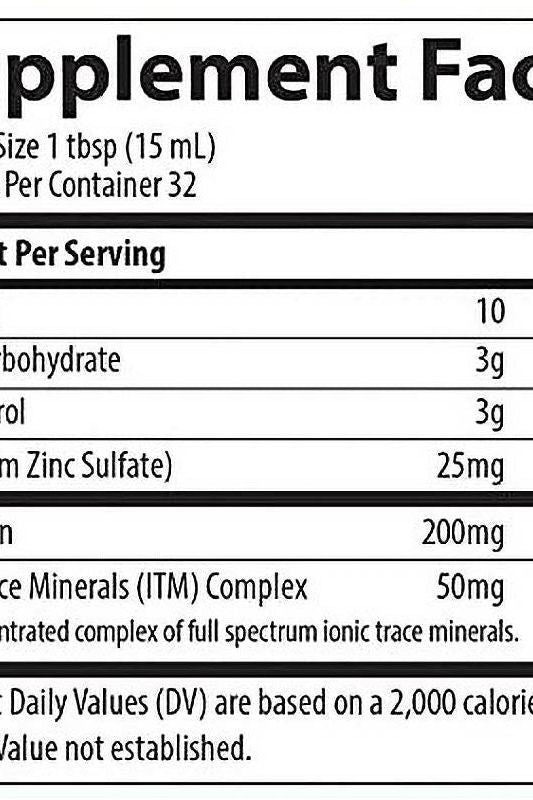 Supplement facts label for Trace Minerals Liquid Zinc + Quercetin, detailing serving size and nutrient content.