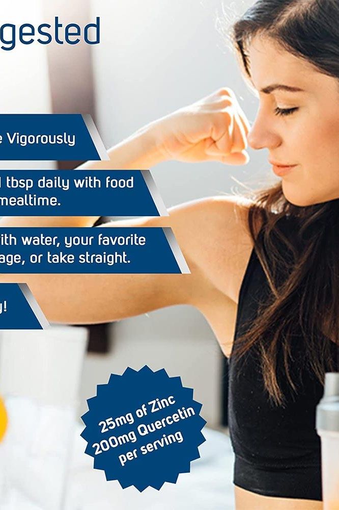 Woman demonstrating how to use Trace Minerals Liquid Zinc + Quercetin with tips for serving size and mixing options.