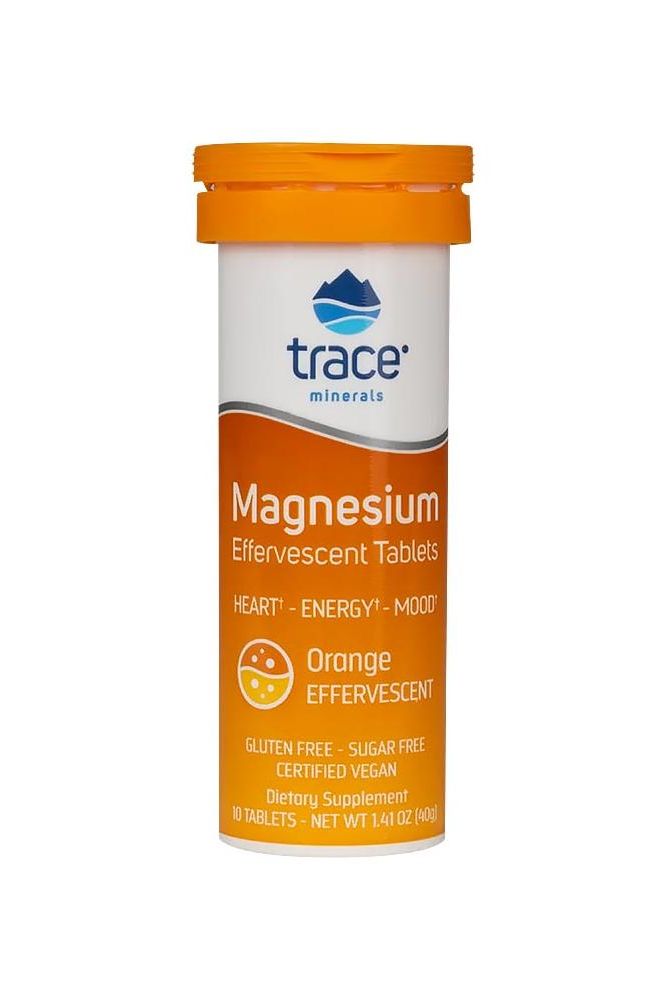 Trace Minerals Magnesium Effervescent Tablets for heart health and energy, gluten-free, orange flavor, dietary supplement.