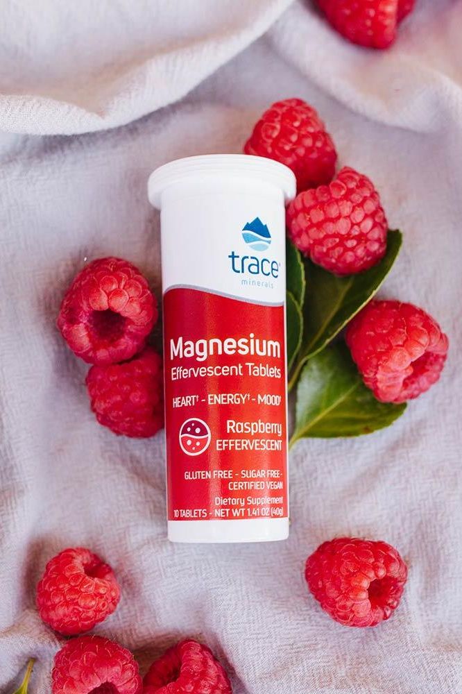Trace Minerals Magnesium Effervescent Tablets with raspberries, promoting heart and energy health.