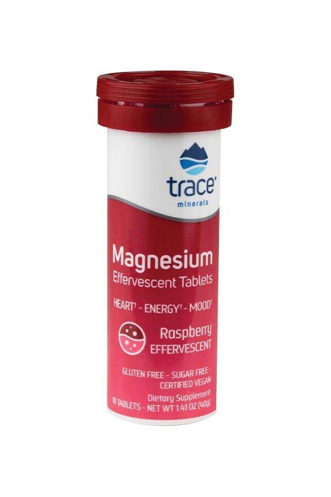 Trace Minerals Magnesium effervescent tablets, raspberry flavor, promoting heart health and energy.