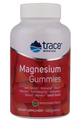 Trace Minerals Magnesium Gummies bottle with watermelon flavor, supports stress relief and overall health.