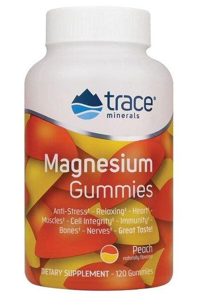Trace Minerals Magnesium Gummies in peach flavor, supports relaxation, heart, and muscle health, 120 gummies bottle.