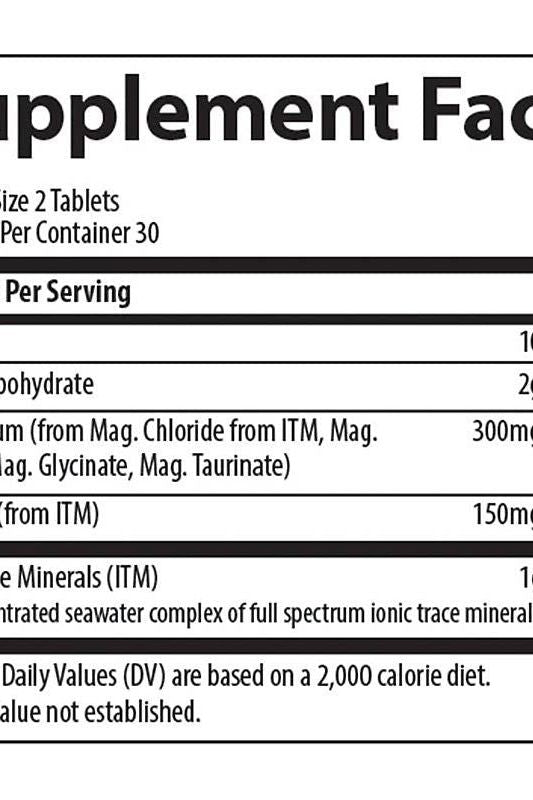 Supplement facts for Trace Minerals Magnesium Tablets, detailing serving size and mineral content.