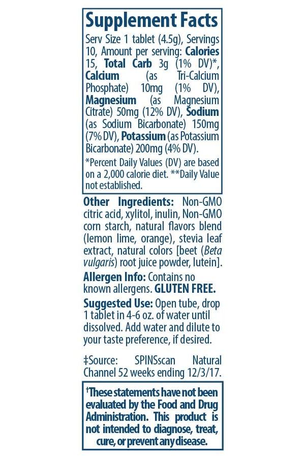 Supplement facts label for Trace Minerals Max-Hydrate Endurance effervescent tablets, detailing ingredients and nutritional information.