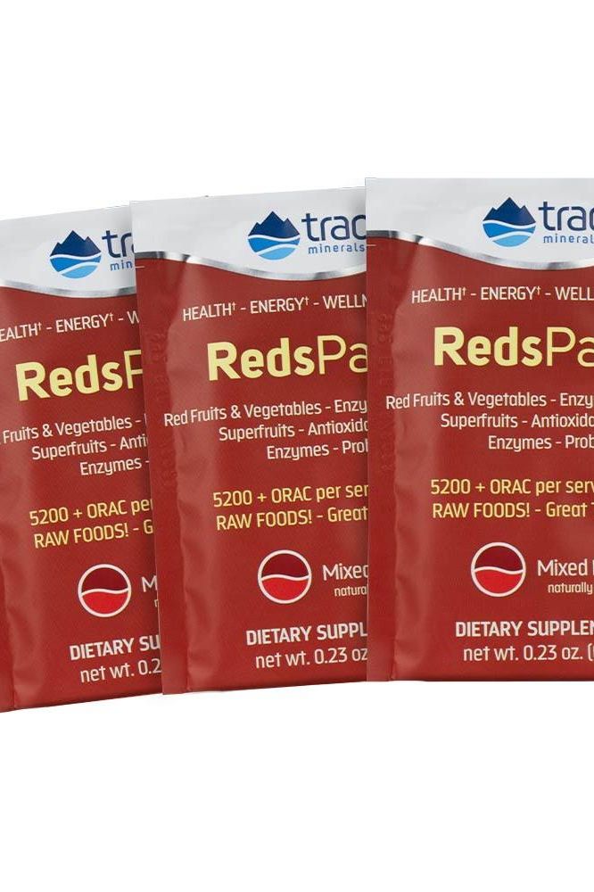 Trace Minerals Reds Pak dietary supplement packets with red fruits, vegetables, enzymes, and antioxidants.