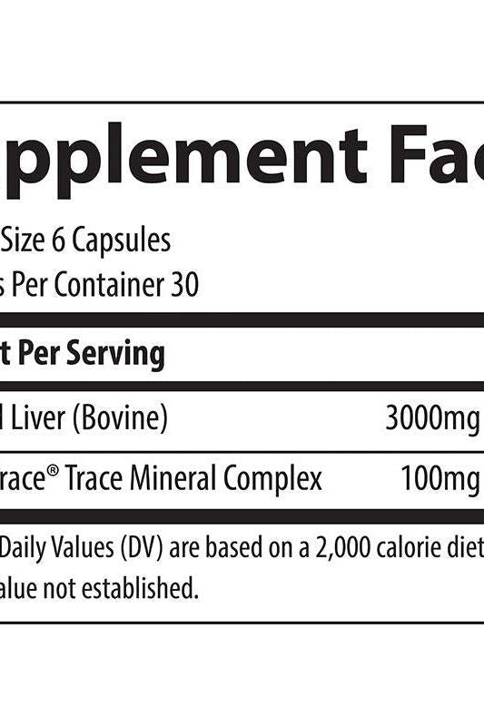 Supplement facts for TMAncestral Beef Liver, showing serving size and nutrient content per serving.