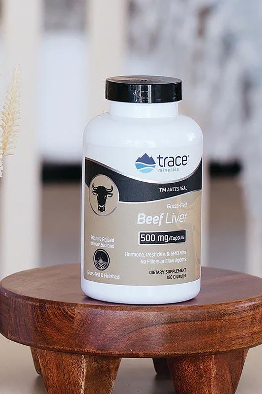 Trace Minerals TMAncestral Beef Liver supplement bottle containing 500 mg per capsule, promoting essential nutrient intake.