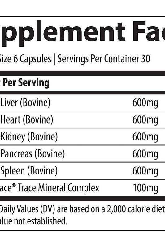 Supplement facts for Trace Minerals TMAncestral Beef Organs, detailing nutrient content per serving.
