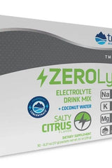 Trace Minerals ZEROLyte electrolyte drink mix in salty citrus flavor, 30 packets for hydration support.