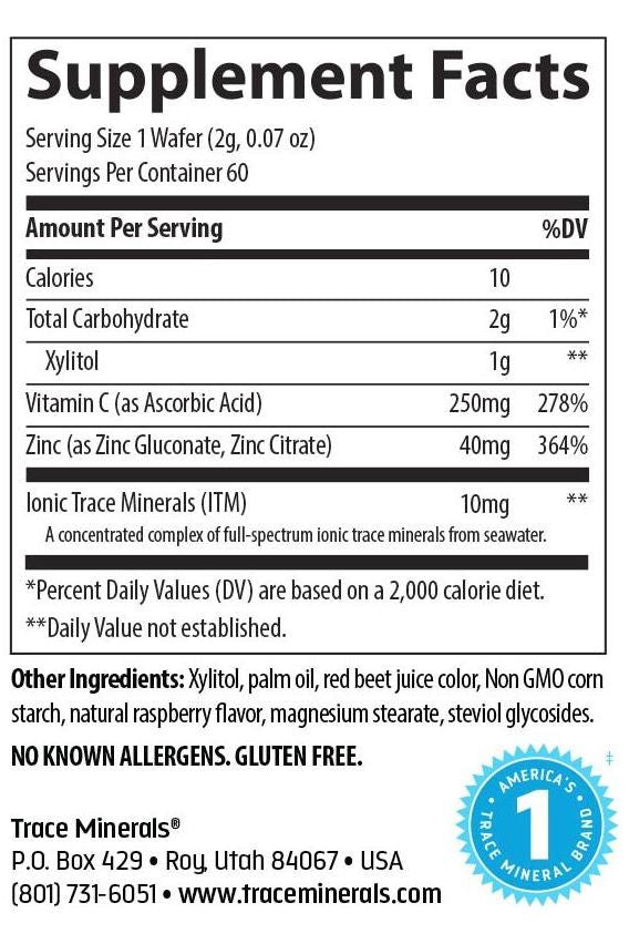 Supplement Facts for Trace Minerals Zinc + Vitamin C Chewables, detailing nutrients and servings.