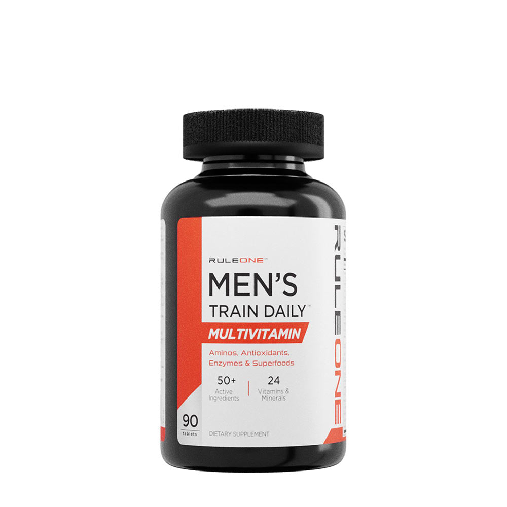 Rule One Men's Train Daily Multivitamin bottle with 50+ active ingredients and 24 vitamins.