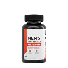 Rule One Men's Train Daily Multivitamin bottle with 50+ active ingredients and 24 vitamins.