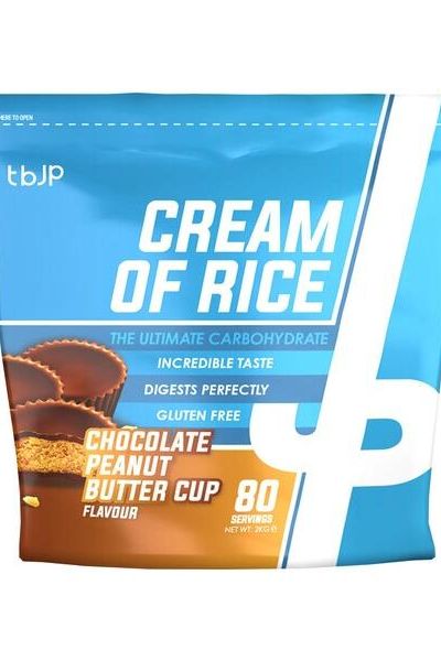 Trained by JP Cream of Rice in Chocolate Peanut Butter Cup flavor, 2000g pack, gluten-free, perfect for bodybuilding diets.
