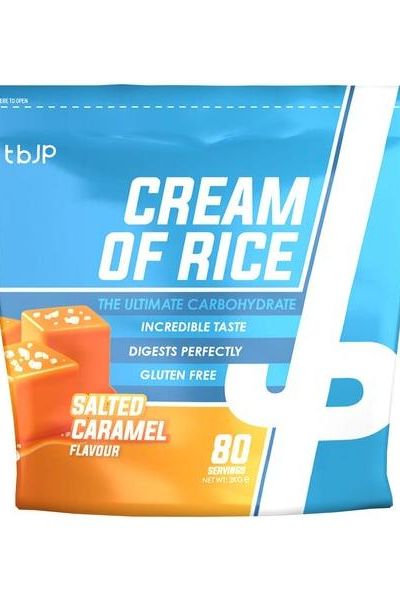 Trained by JP Cream of Rice Salted Caramel flavor, 2000g pack, gluten-free, ideal for diet and muscle gains.