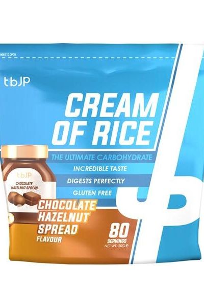 Trained by JP Cream of Rice 2000g packaging featuring chocolate hazelnut spread flavor, gluten-free, 80 servings.