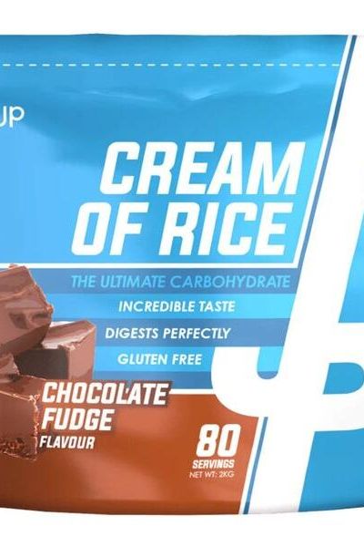 Trained by JP Cream of Rice, Chocolate Fudge flavor, 2000g, 80 servings, gluten-free, ultimate carbohydrate source.