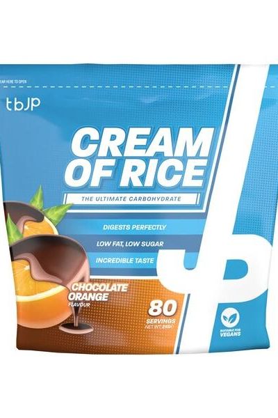 Trained by JP Cream of Rice 2000g, Chocolate Orange flavor, low fat, low sugar, 80 servings, perfect for bodybuilding diets.