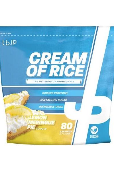 Trained by JP Cream of Rice 2000g Lemon Meringue Pie flavor, low fat, digestible, vegan, 80 servings.