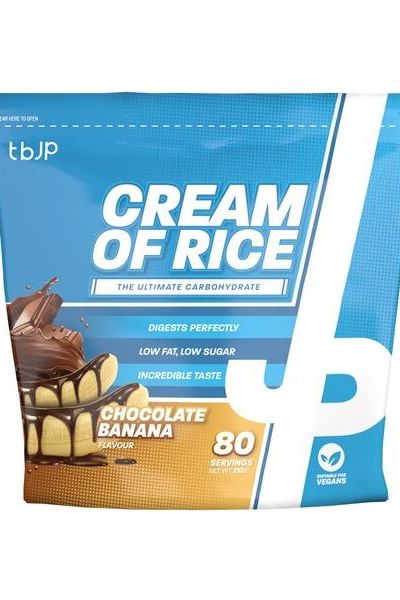 Trained by JP Cream of Rice Chocolate Banana flavor, 2000g package with low fat and sugar, ideal for dietary needs.