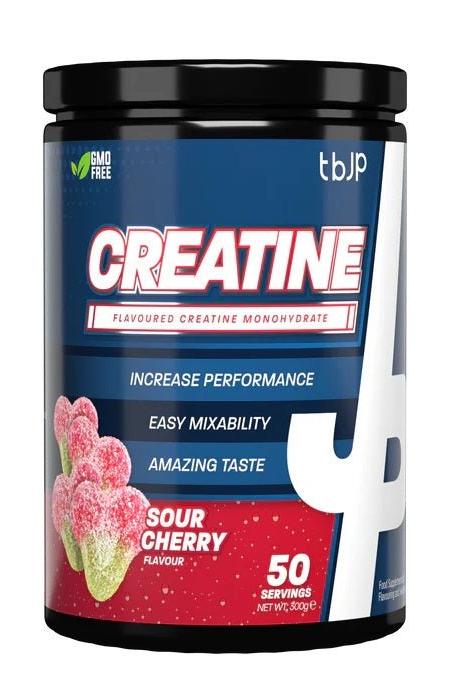 Trained by JP Creatine Monohydrate Sour Cherry flavor for enhanced strength and performance, 50 servings.