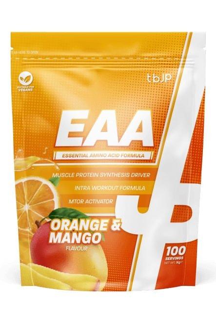 Trained by JP EAA essential amino acid formula in orange and mango flavor, supports muscle recovery and growth.