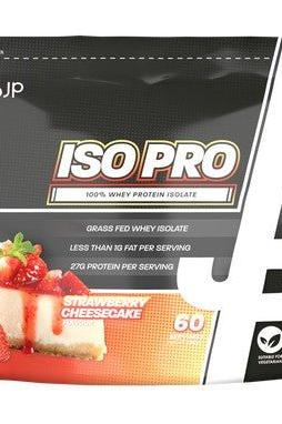 Trained by JP Iso Pro whey protein isolate packaging with strawberry cheesecake flavor and nutrient details.