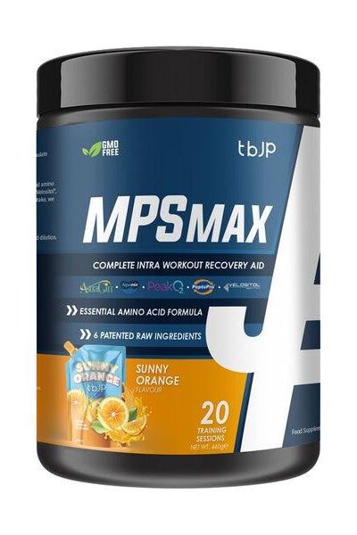 MPS Max intra workout recovery aid in Sunny Orange flavor, featuring essential amino acids and high-quality ingredients.