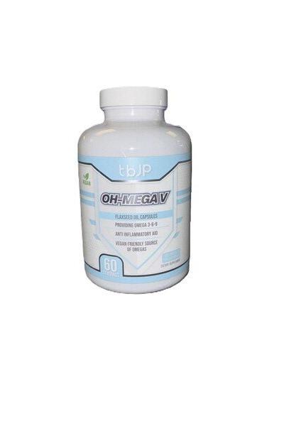 Trained by JP Oh-Mega V dietary supplement bottle with 180 softgels for heart and brain health support.