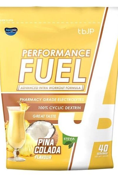 Trained by JP Performance Fuel in Pina Colada flavor, featuring cyclic dextrin and electrolytes for optimal hydration.