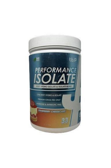 Performance Isolate protein powder in a tub, featuring strawberry cheesecake flavor and a triple protein blend.