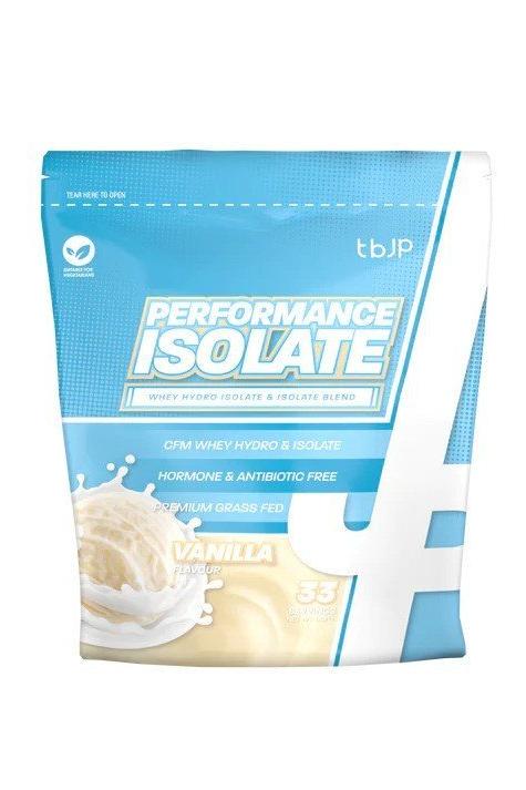 Performance Isolate protein powder packaging in vanilla flavor with a clean design and key benefits.